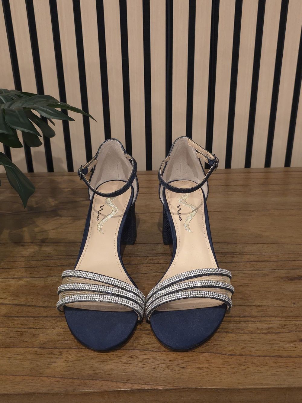 Nina Navy Block Heel Sandals with Crystal Straps - Picture 2 of 8